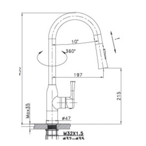 Kích thước vòi rửa bát nóng lạnh Paul Schmitt PA302K có dây rút
