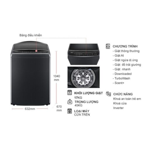 Kích thước máy Giặt LG Inverter 17 Kg TV2517SV7J cửa trên