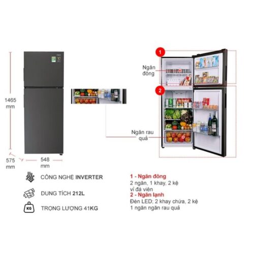 Kích thước tủ Lạnh 2 cánh Inverter 212 Lít Aqua AQR-T239FA (HB)