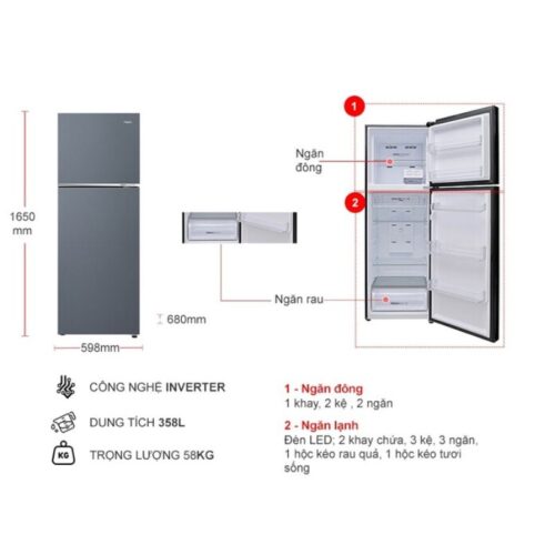 Kích thước tủ Lạnh 2 cánh Inverter 328 Lít Aqua AQR-T380FA(SL)