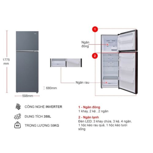 Kích thước tủ Lạnh 2 cánh Inverter 358 Lít Aqua AQR-T410FA(SL)