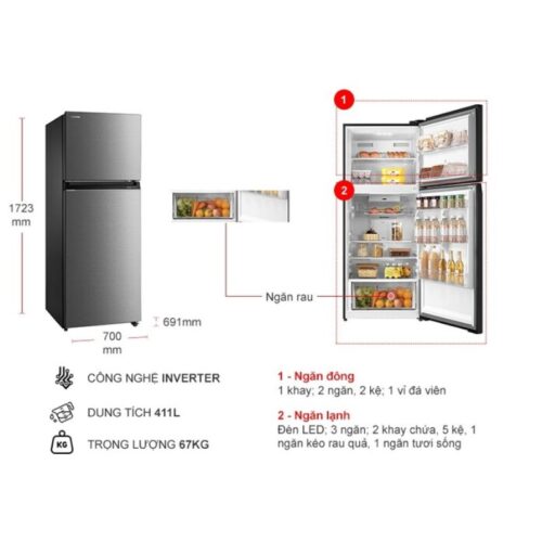 Kích thước tủ Lạnh 2 cánh Inverter 411 Lít Toshiba GR-RT559WE-PMV(58)-MM