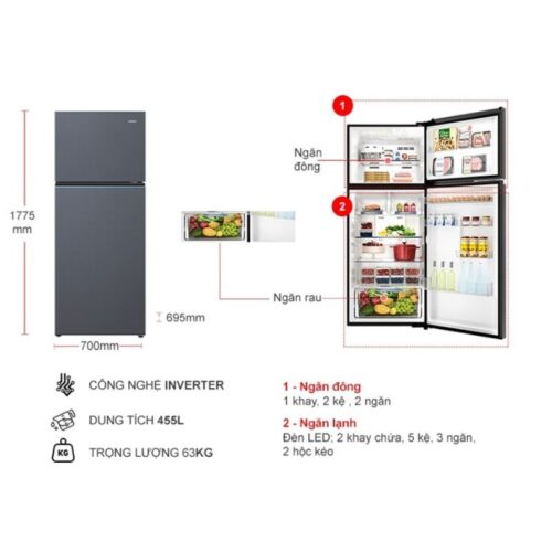 Kích thước tủ Lạnh 2 cánh Inverter 455 Lít Aqua AQR-T518FA(SL)