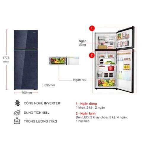 Kích thước tủ Lạnh 2 cánh Inverter 455 Lít Aqua AQR-TA518FA(GL)U1