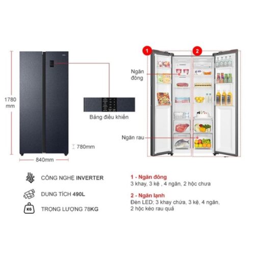 Kích thước tủ Lạnh 2 cánh side by side Inverter 490 Lít Aqua AQR-S552XA(CBC)