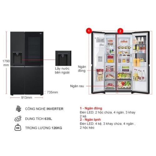 Kích thước tủ Lạnh 2 cánh side by side Inverter 635 Lít LG GR-G257BL