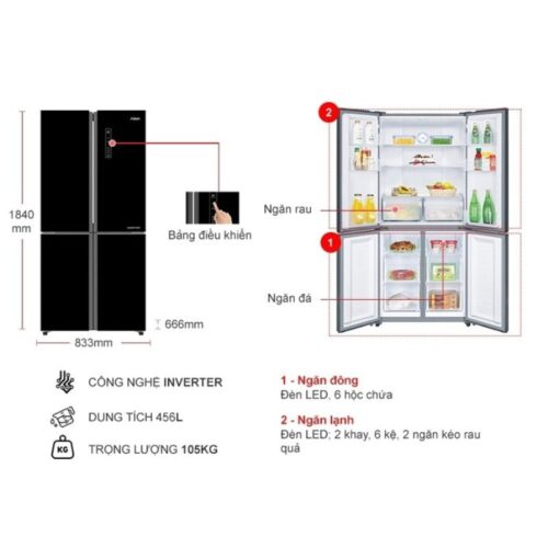 Kích thước tủ Lạnh 4 cánh Multi doors Inverter 456 Lít Aqua AQR-IG525AM (GB)
