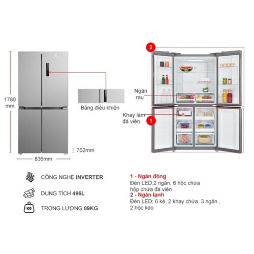 Kích thước tủ Lạnh 4 cánh Multi doors Inverter 496 Lít Electrolux EQE4900A-A