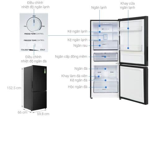 Kích Thước Tủ lạnh 2 cánh ngăn đá dưới Inverter 260 lít Aqua AQR-B310MA(FB)