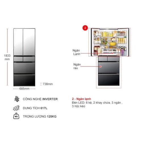 Kích thước tủ lạnh 6 cánh Multi Door Inverter 617 lít Hitachi R-HW620RV X